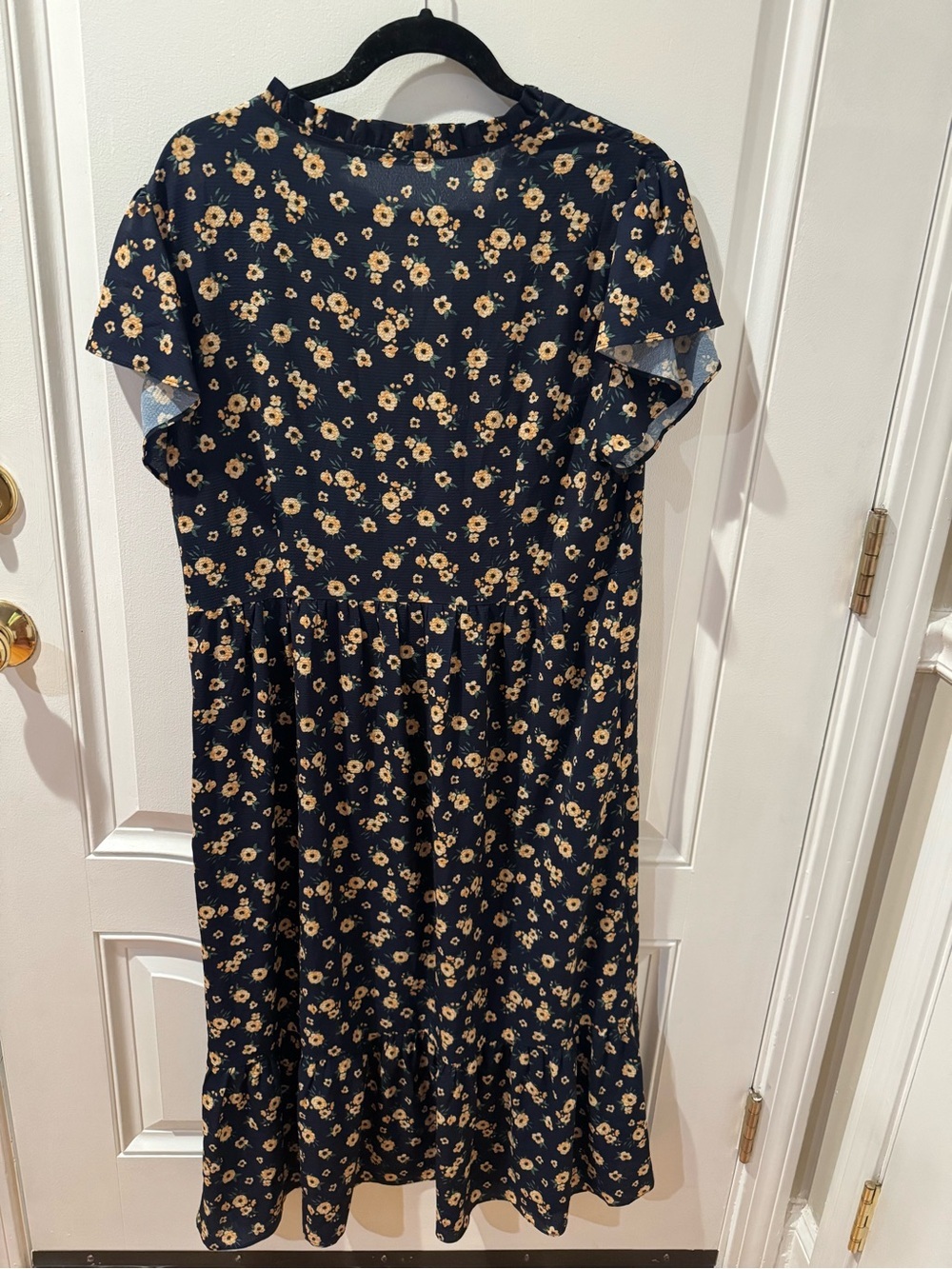 Crimson Floral Midi Dress Womens L Navy Blue Yellow Floral Ruffle Sleeve Boho - Picture 8 of 8